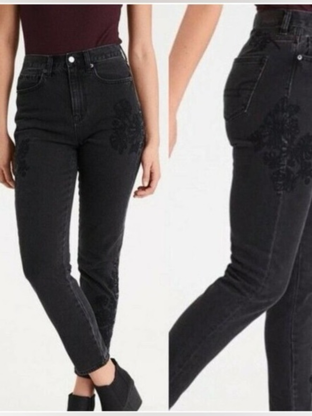 American Eagle Mom Jeans with Floral Embroidered Design - Size 10
